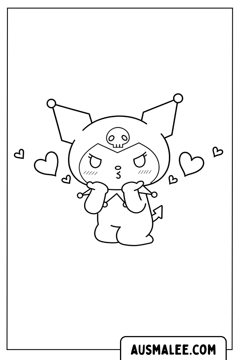 Coloring page Kuromi Kiss Hearts