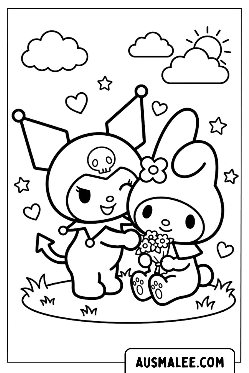 Coloring page Kuromi My Melody flowers