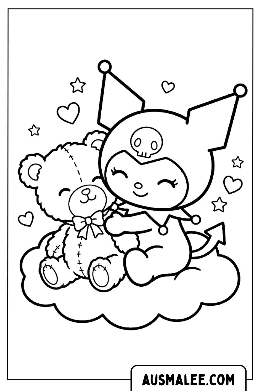 Coloring page Kuromi Hugging Teddy Bear