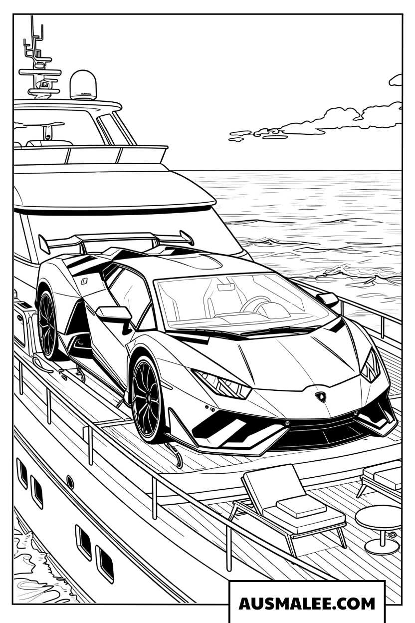 Lamborghini on a Luxury Yacht Coloring Page