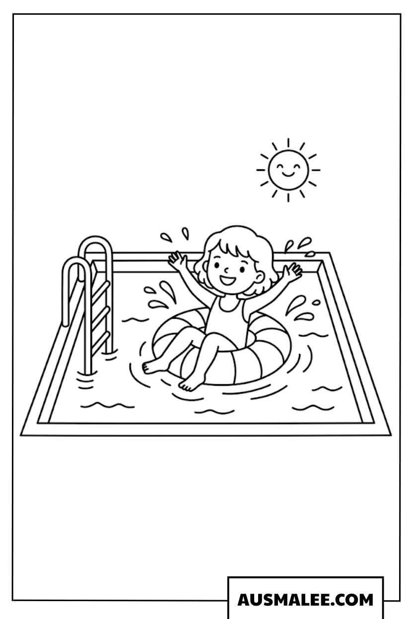 Kleurplaat Zomer meisje speelt met een zwemband in het zwembad