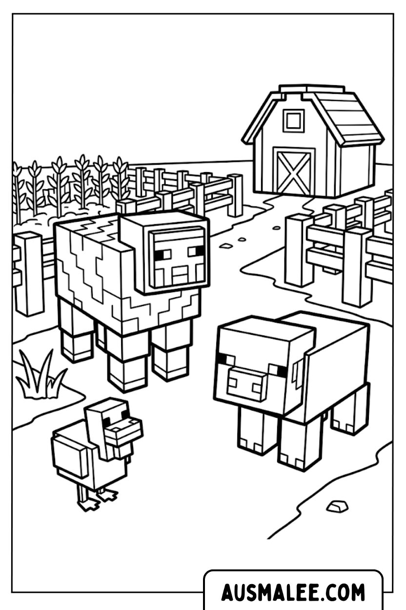 Ausmalbild Minecraft Bauernhof Tiere