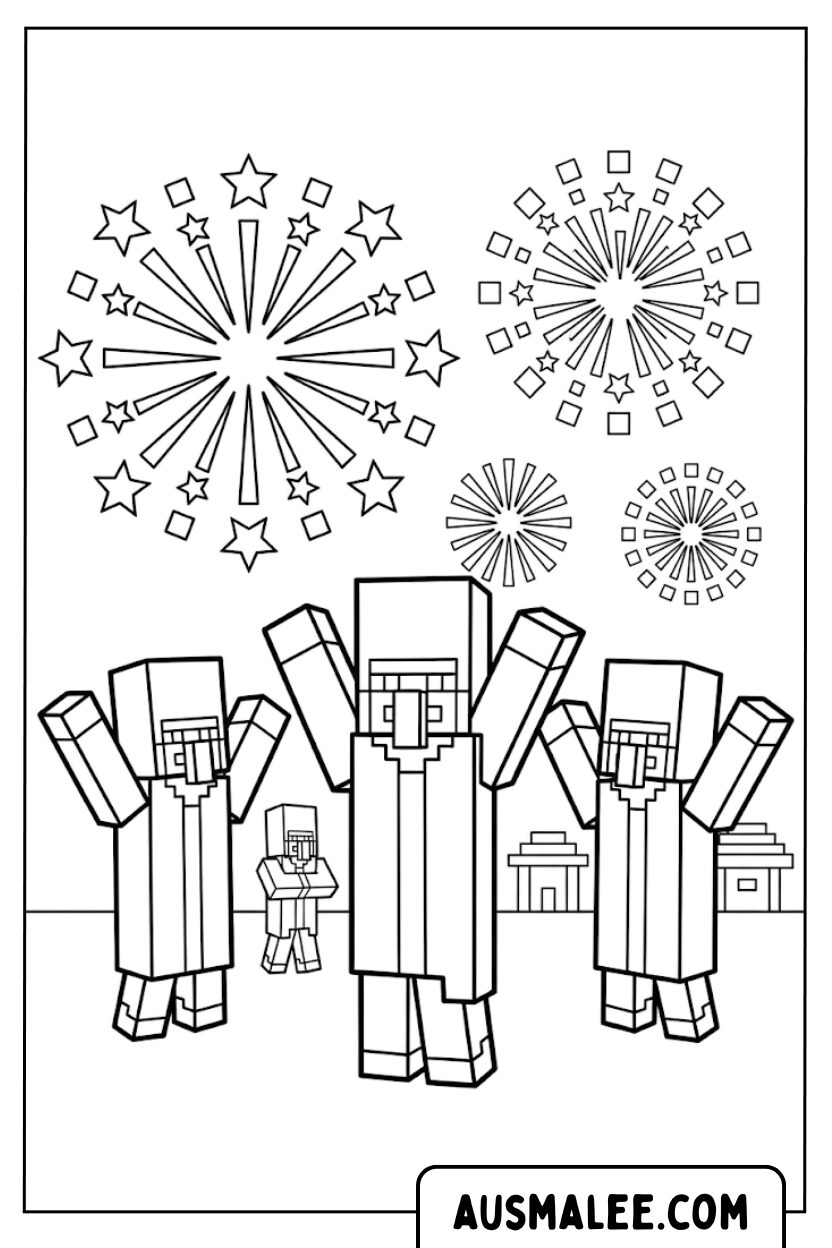 Ausmalbild Minecraft Dorfbewohner Feuerwerk