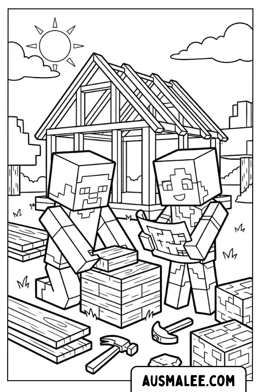 Ausmalbild Minecraft Haus Bauen