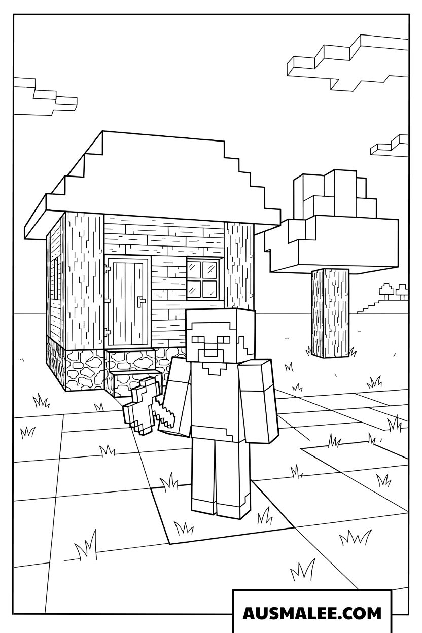 Ausmalbild Minecraft Haus und Abenteuer