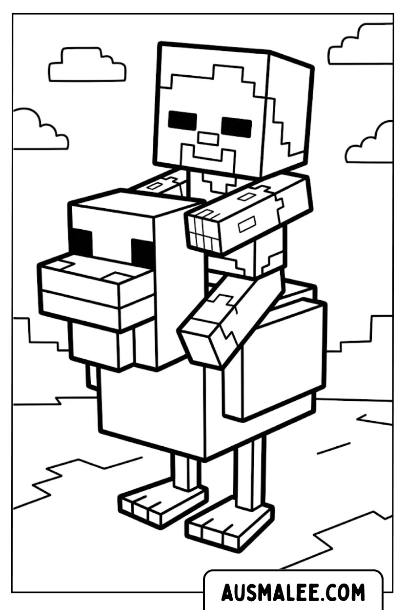 Ausmalbild Minecraft Huhn Reiter