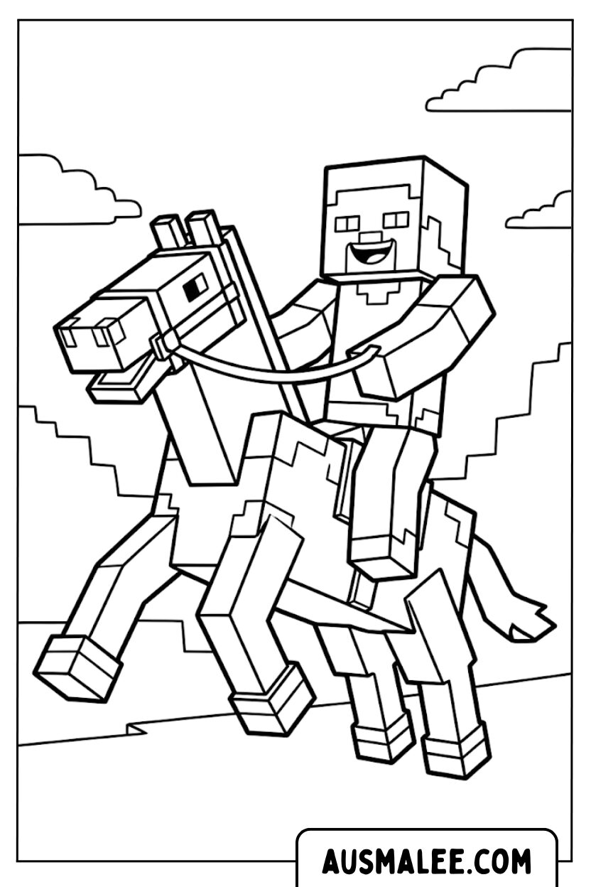 Ausmalbild Minecraft Pferd Reiten