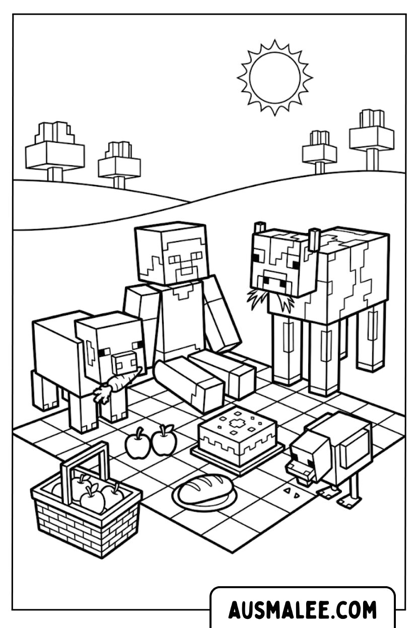 Ausmalbild Minecraft Steve Picknick