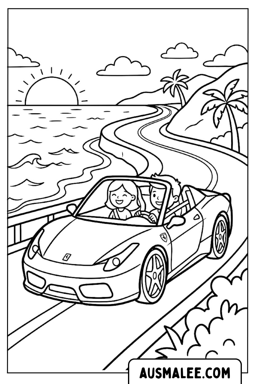 Coloriage couple Ferrari plage