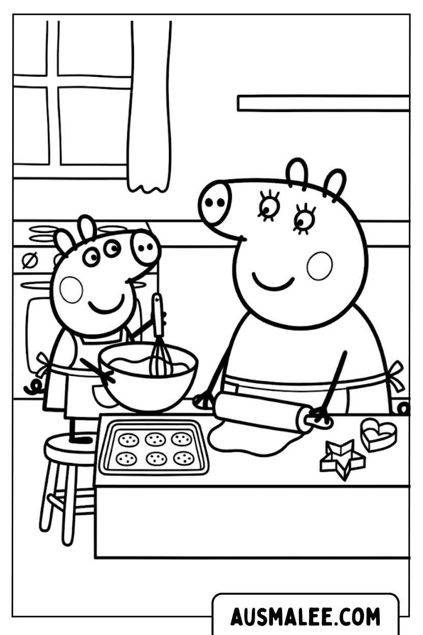 Peppa baking cookies coloring page