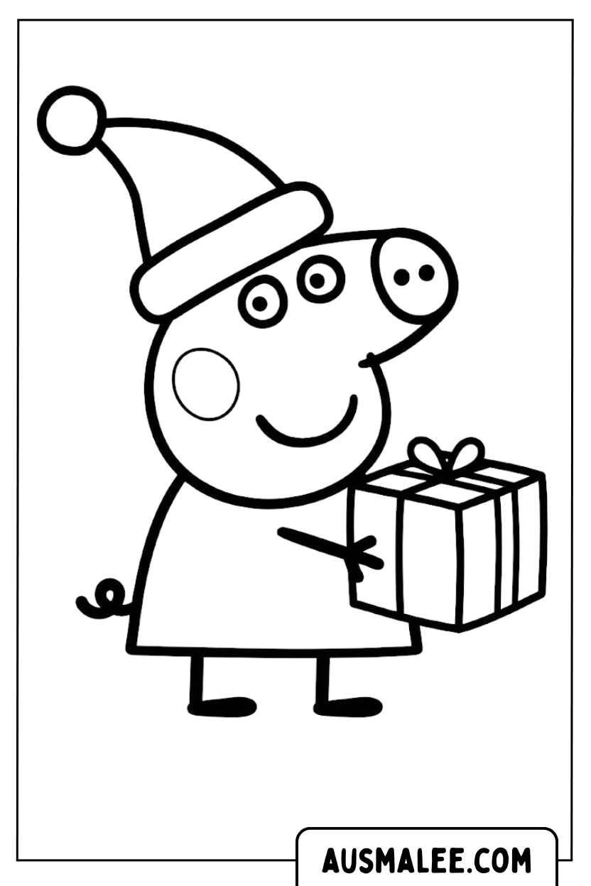 Coloring page Peppa Pig with Christmas hat gift