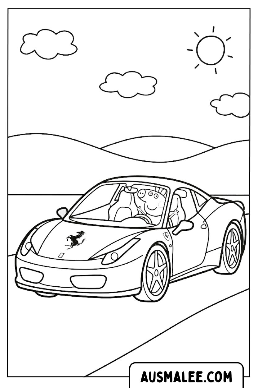 Coloriage Peppa Pig conduisant une Ferrari