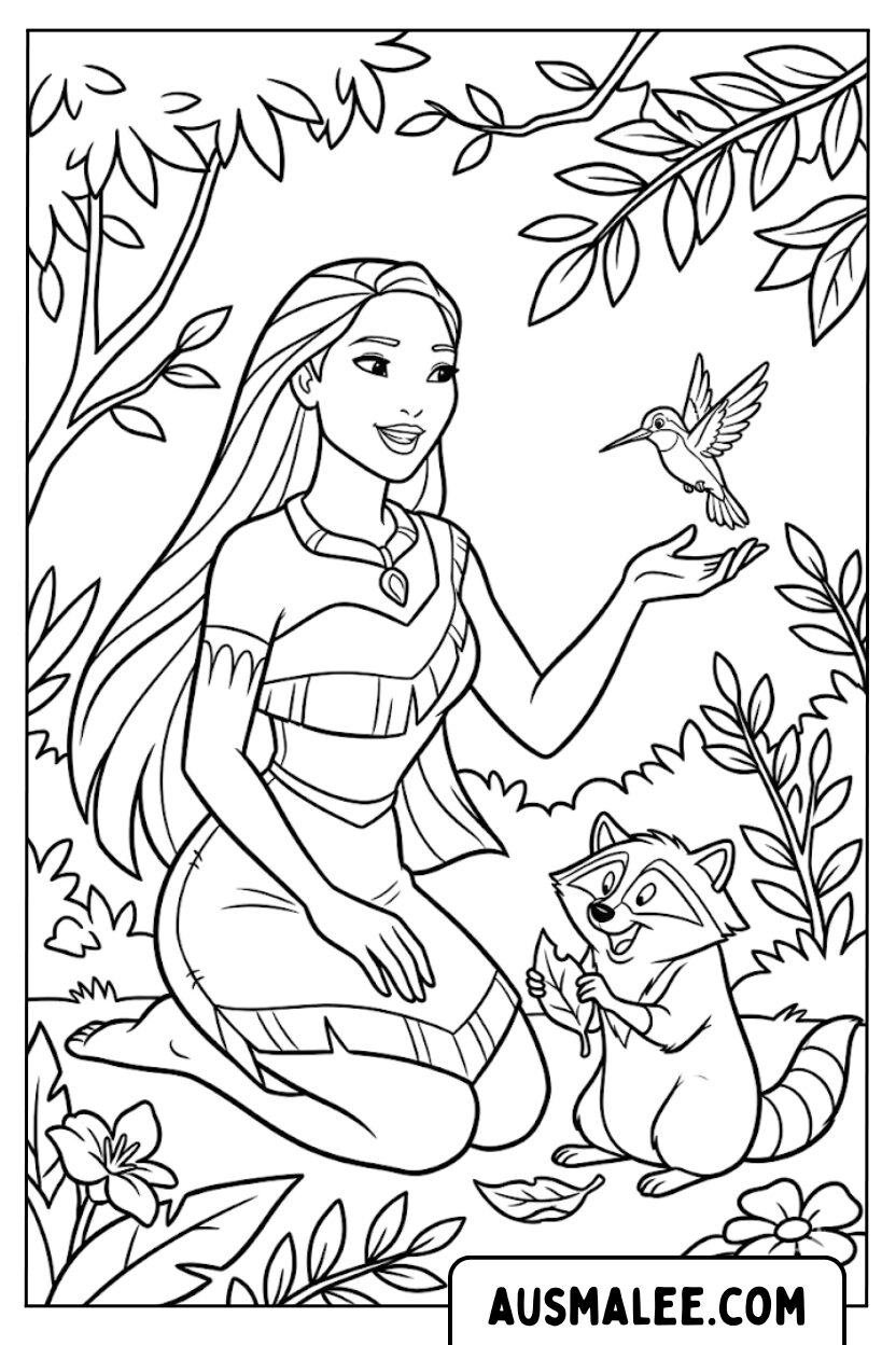 Coloriage de Pocahontas, colibri, raton laveur