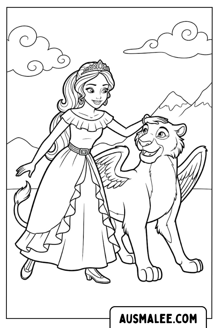 Coloriage Princesse Lion volant