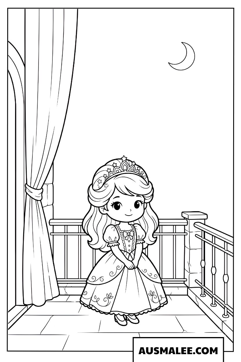 Ausmalbild Prinzessin auf dem Balkon