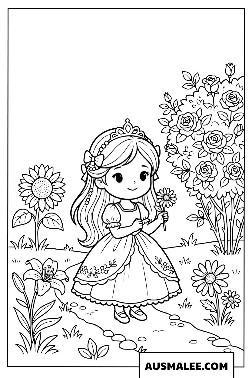 Ausmalbild Prinzessin im Blumengarten