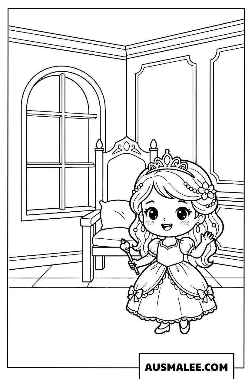 Ausmalbild Prinzessin im Schloss-Zimmer