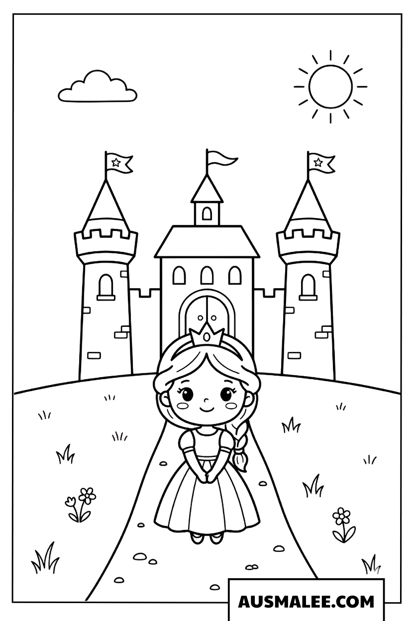 Ausmalbild Prinzessin vor dem Märchenschloss