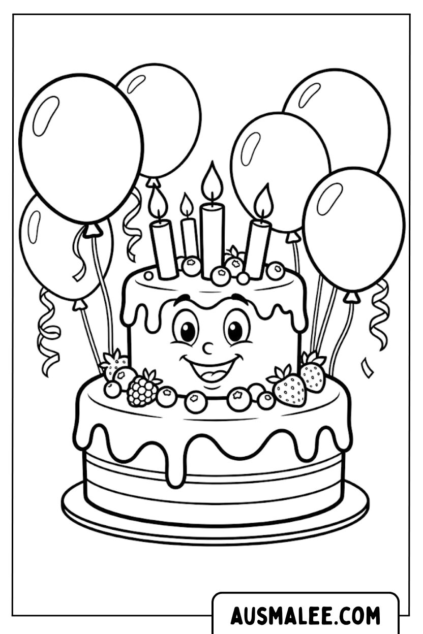 Coloriage gâteau avec des ballons