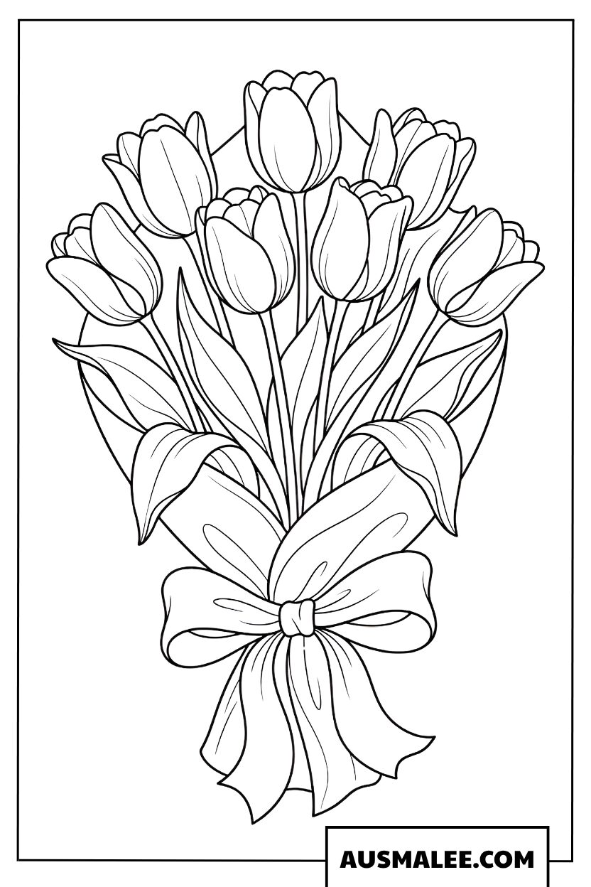 Kleurplaat tulpenboeket met strik