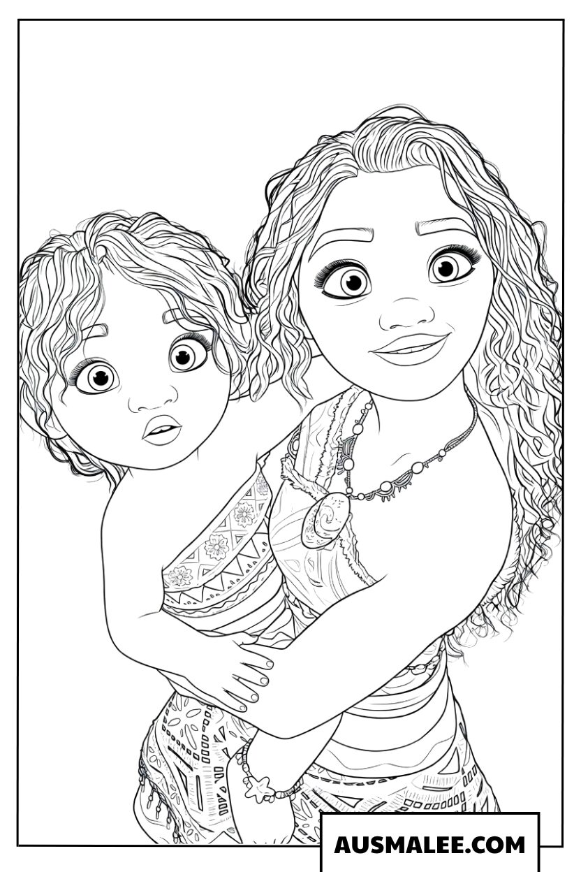 Coloriage Vaiana adulte tenant la petite Vaiana