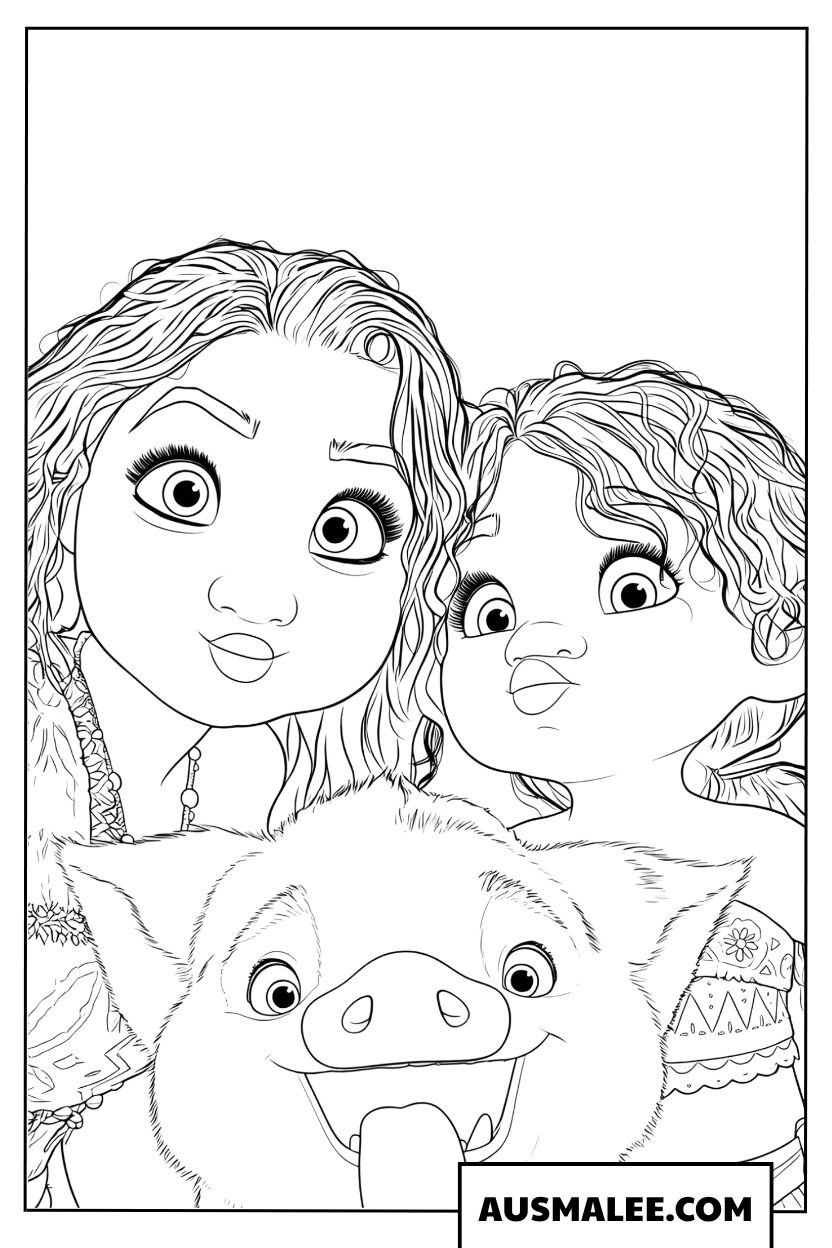 Coloriage Vaiana avec sa version enfant et le cochon Pua