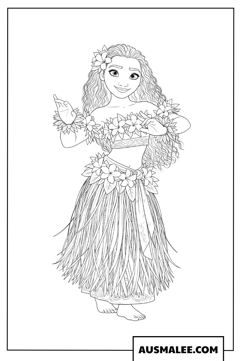 Coloriage Vaiana danse en tenue traditionnelle