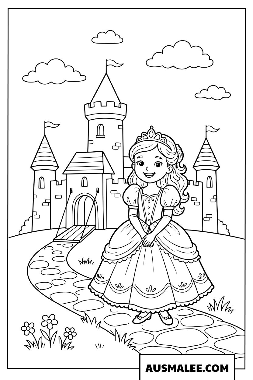 Coloriage d’une petite princesse devant un château