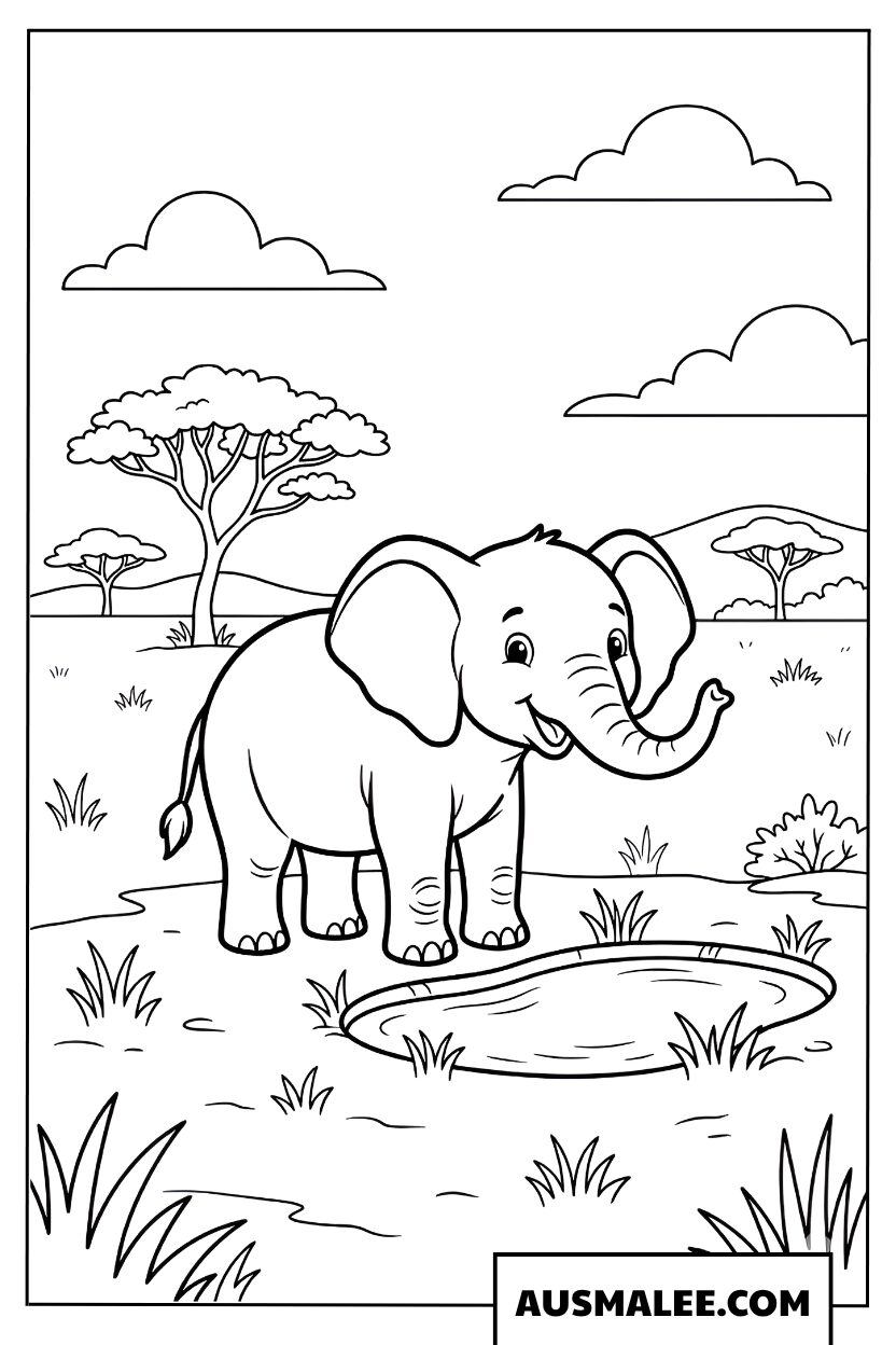 Coloriage d’un bébé éléphant dans la savane africaine