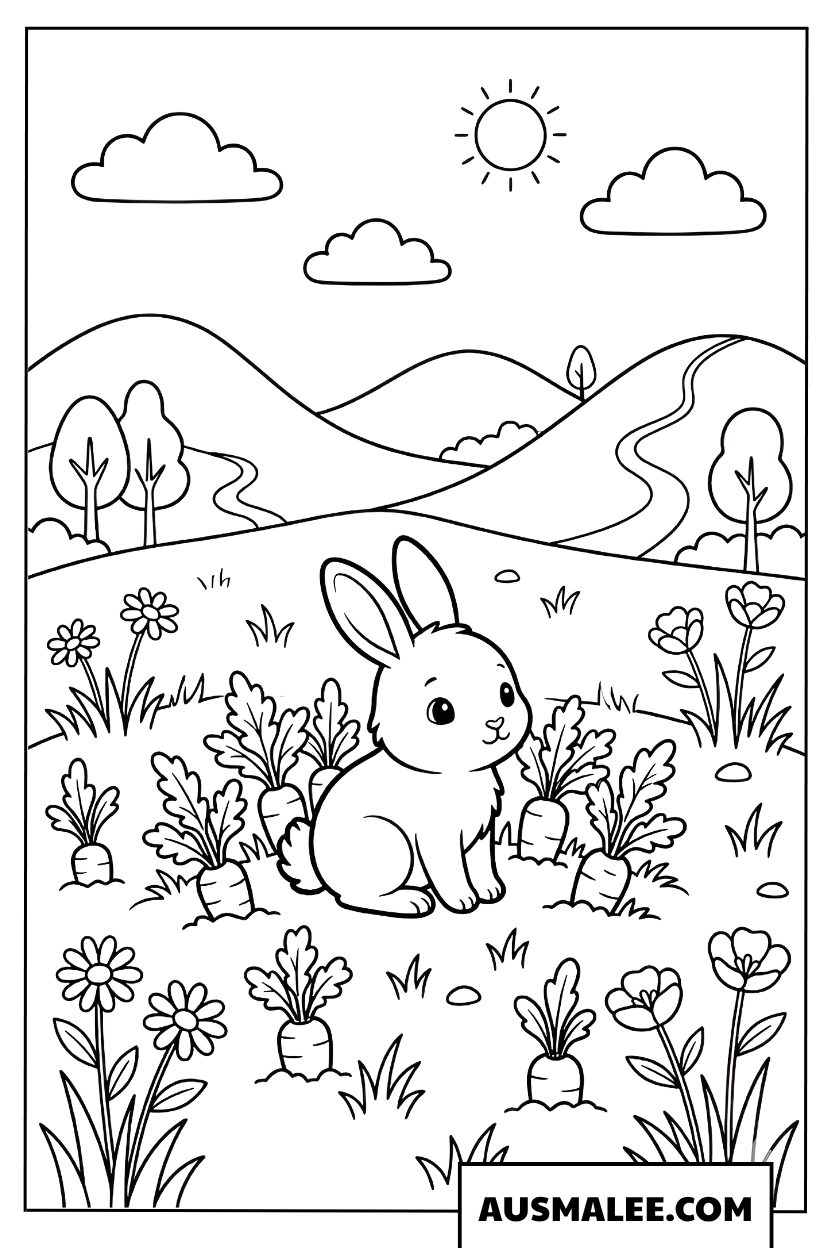 Coloriage d’un lapin dans un jardin de carottes