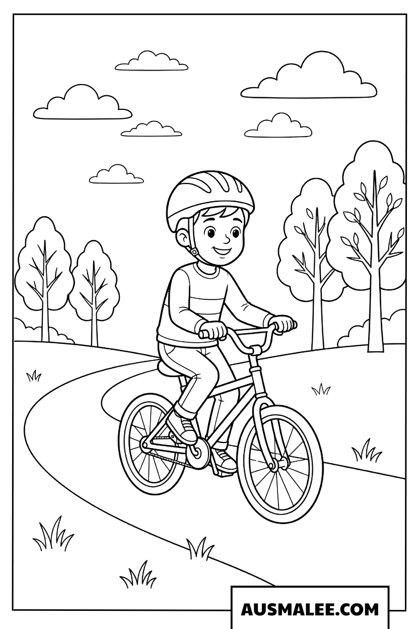 Coloring page of a boy riding a bike in the park
