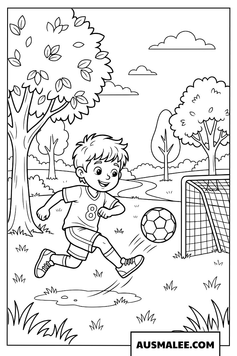 Coloring page of a boy playing soccer outdoors