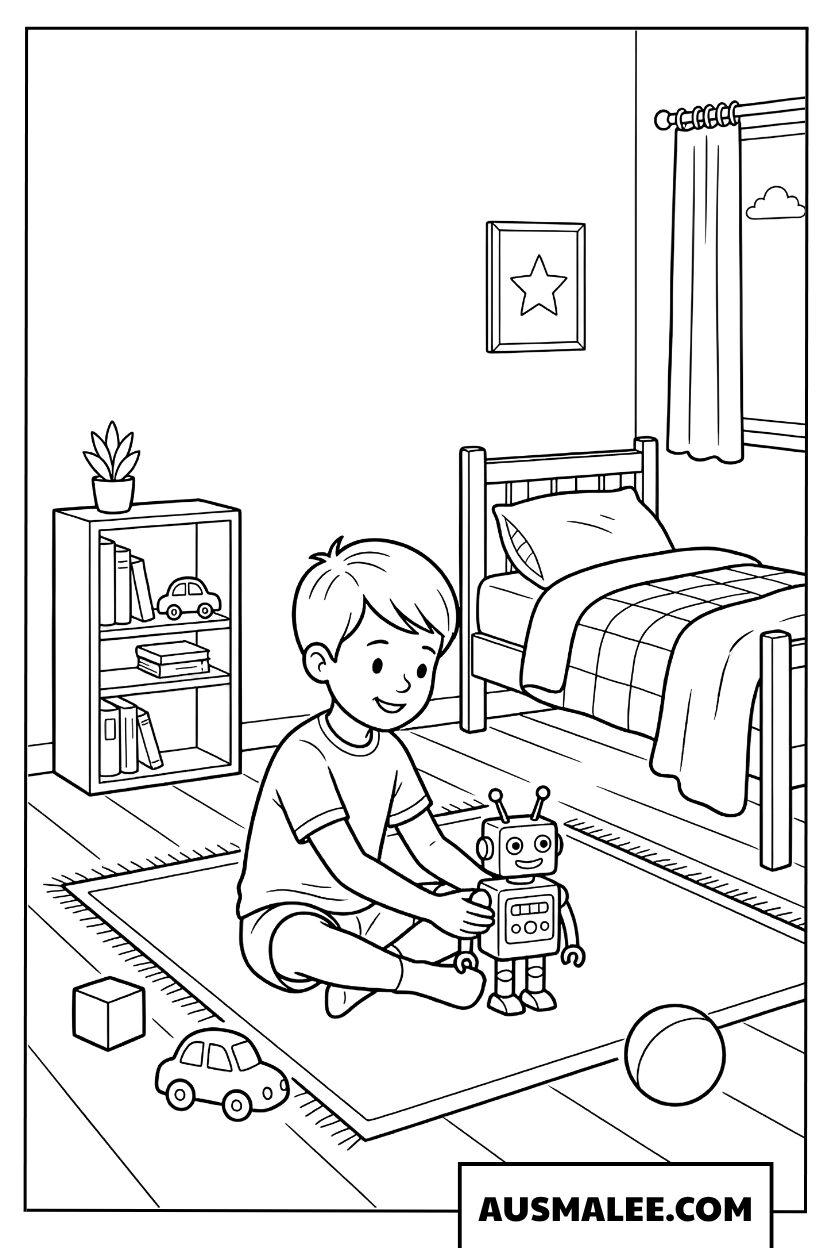 Coloring page of a boy playing with a toy robot