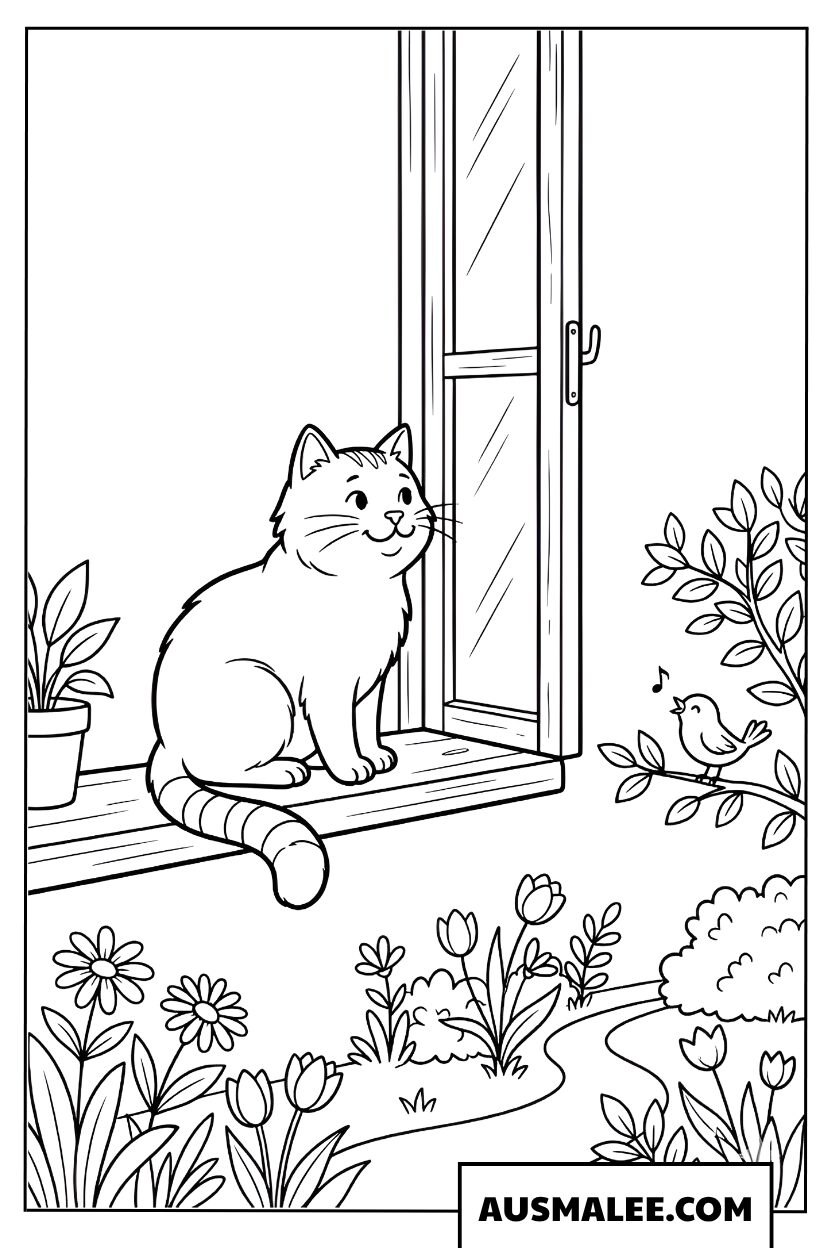 Coloriage d’un chaton à la fenêtre
