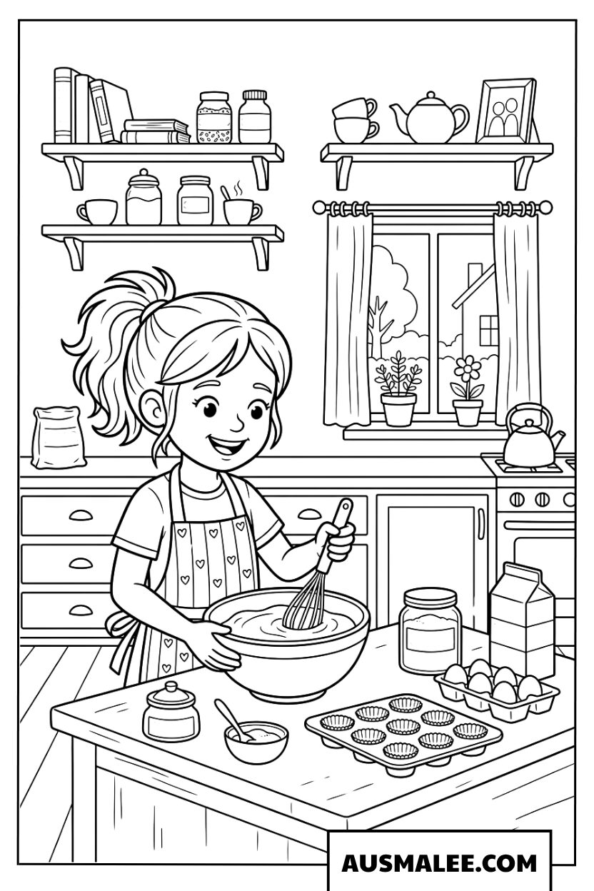 Coloriage d’une fille en train de cuisiner dans la cuisine