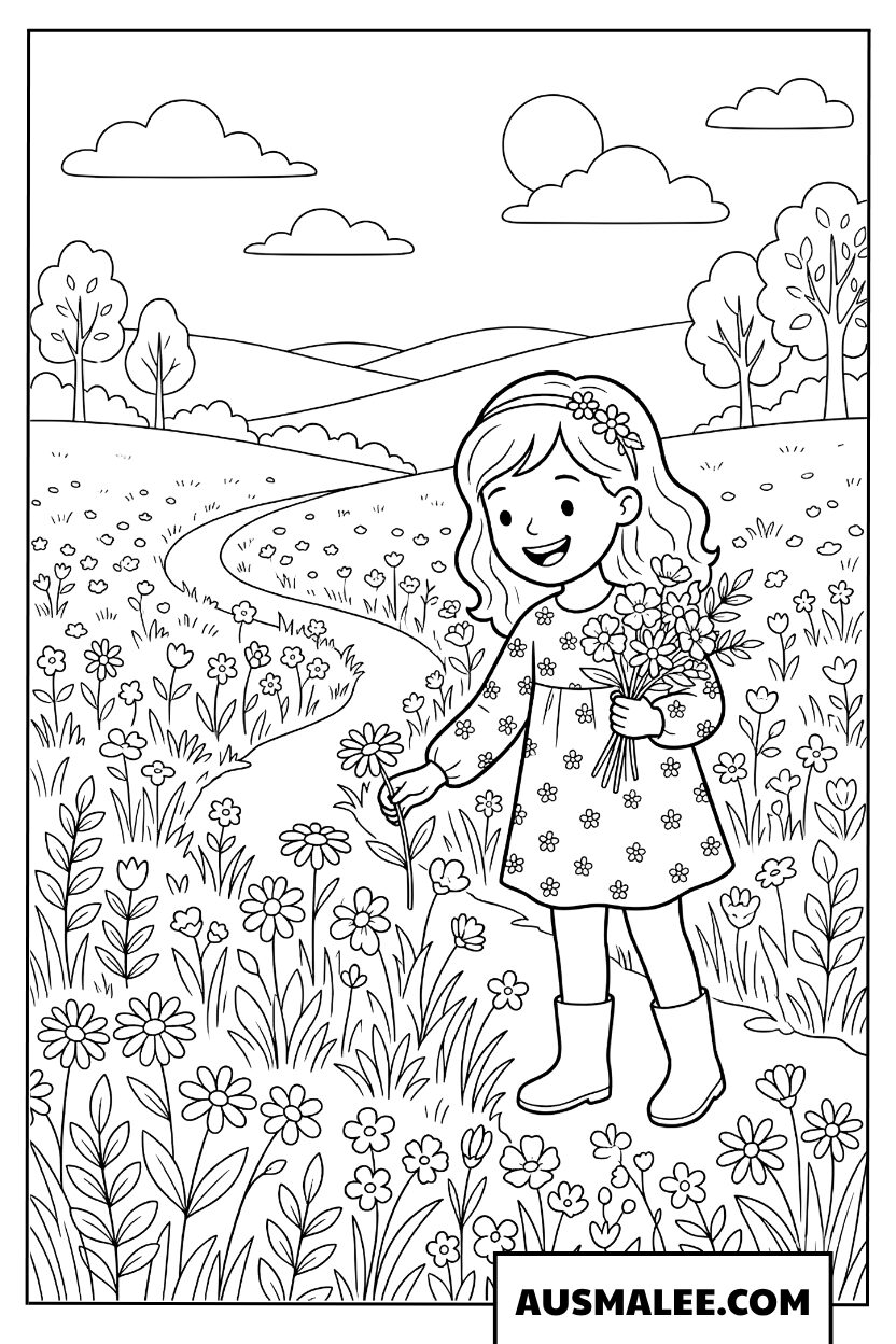 Coloriage d’une fille cueillant des fleurs dans un champ