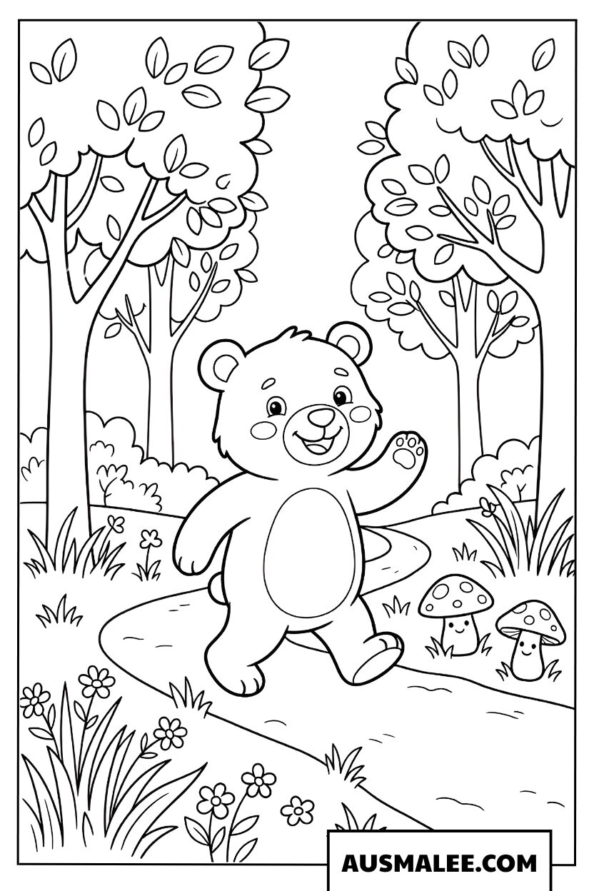 Coloriage d’un petit ours dans la forêt