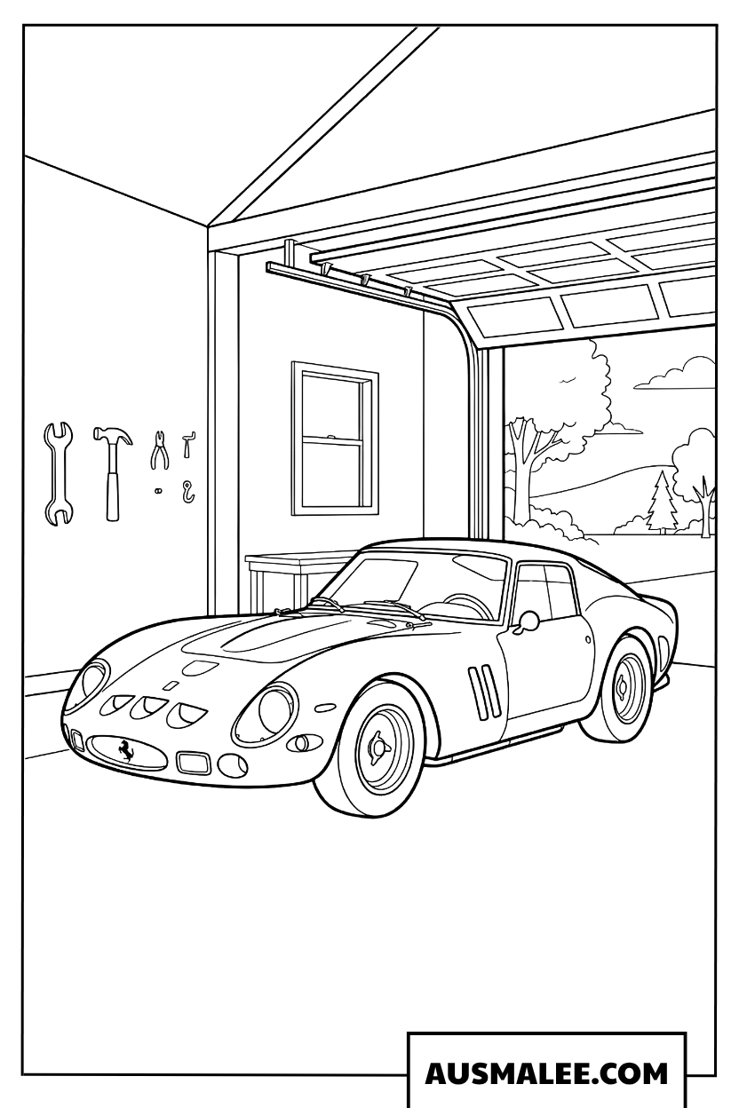 Coloriage Ferrari classique dans un garage