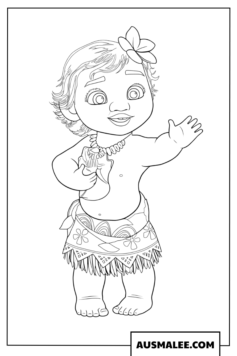 Coloriage petite Vaiana qui fait coucou