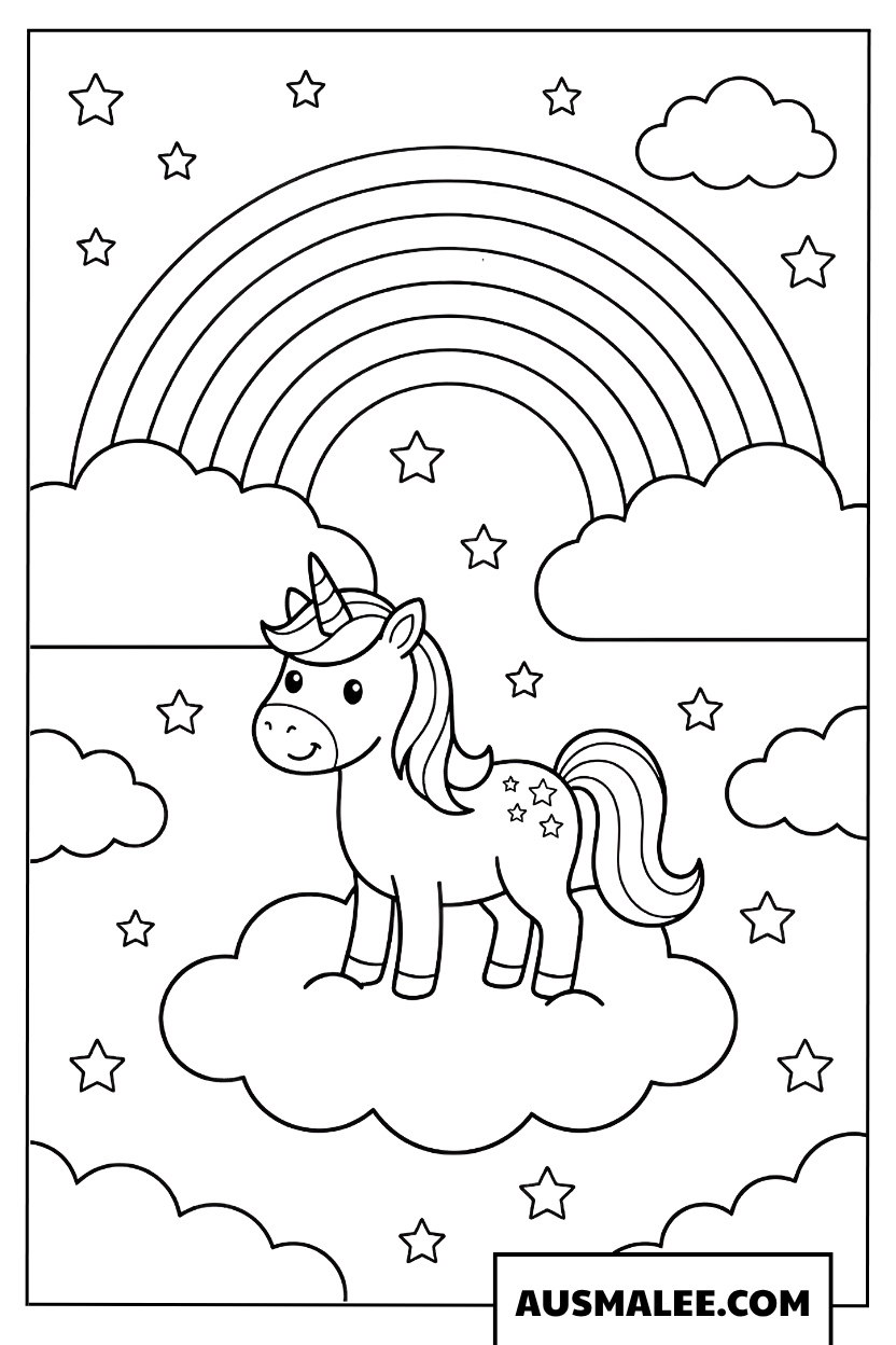 Unicorn on a cloud with rainbow Coloring Page