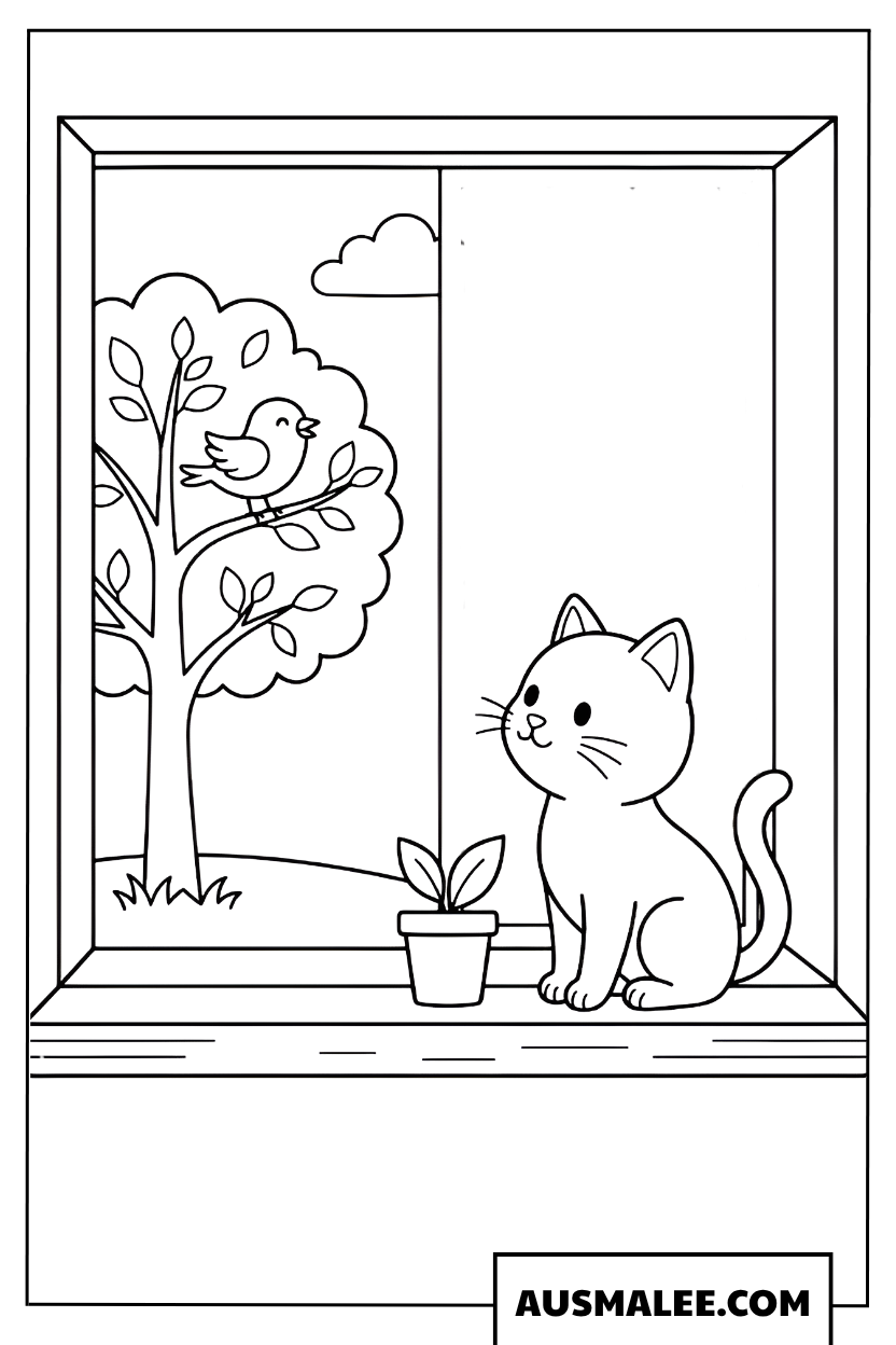 Coloriage Chaton à la fenêtre