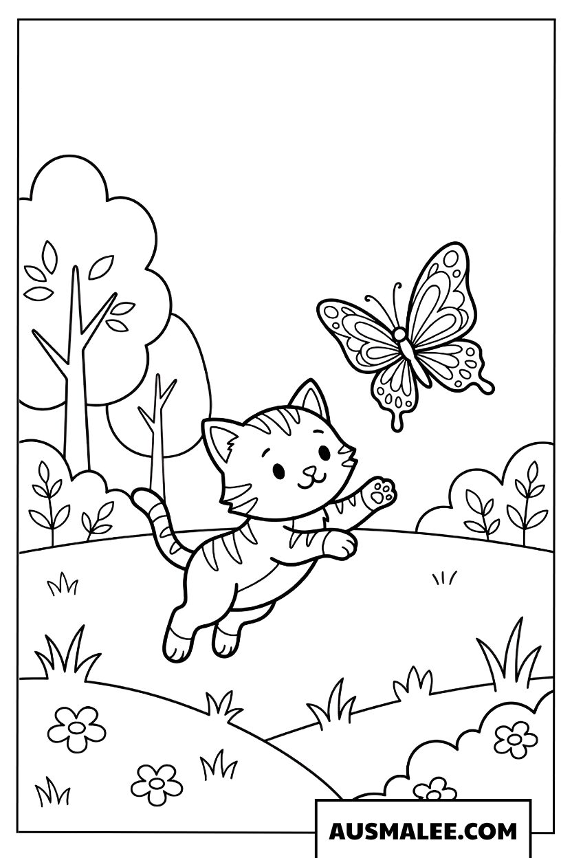 Coloriage Chaton joue avec un papillon