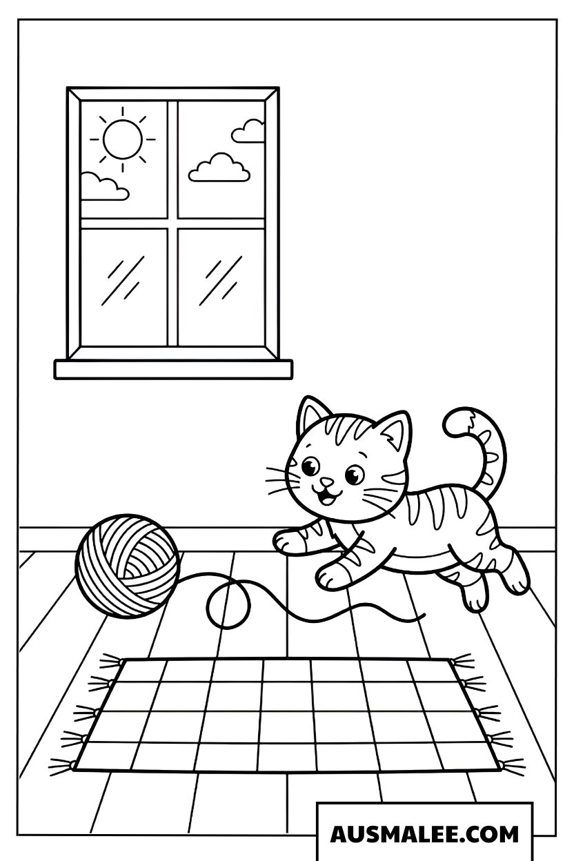 Coloriage Chaton joue avec une pelote de laine