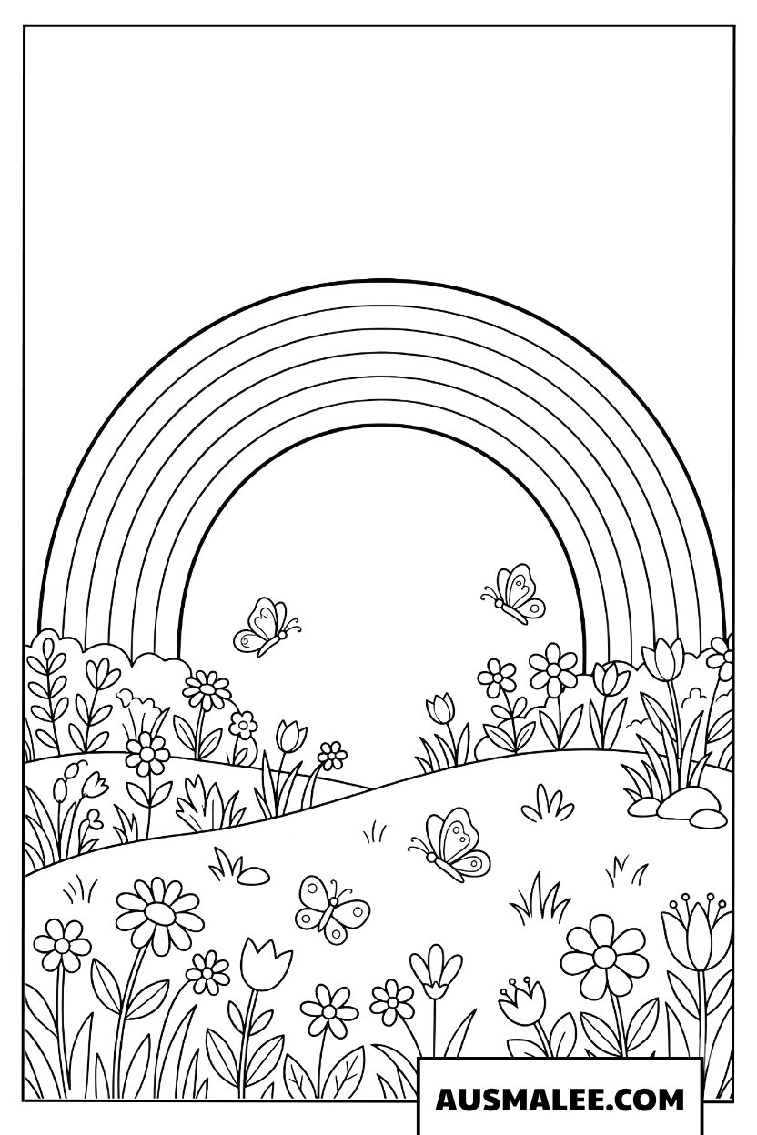 Rainbow on a flower meadow Coloring Page