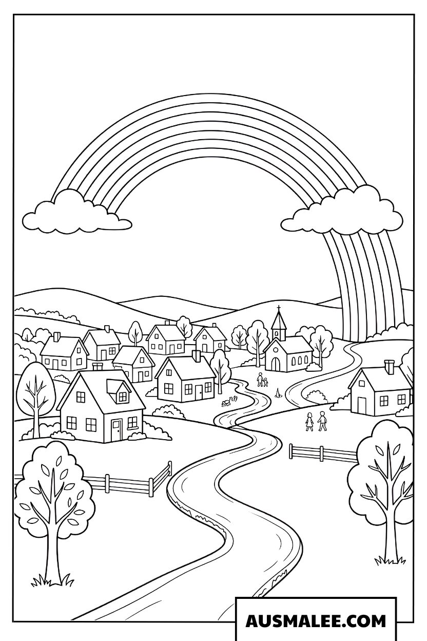 Rainbow over the village Coloring Page