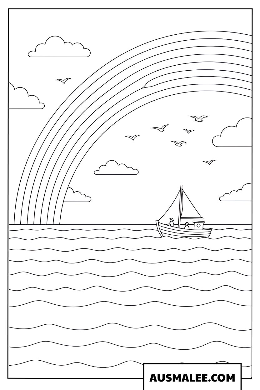 Rainbow over the sea Coloring Page