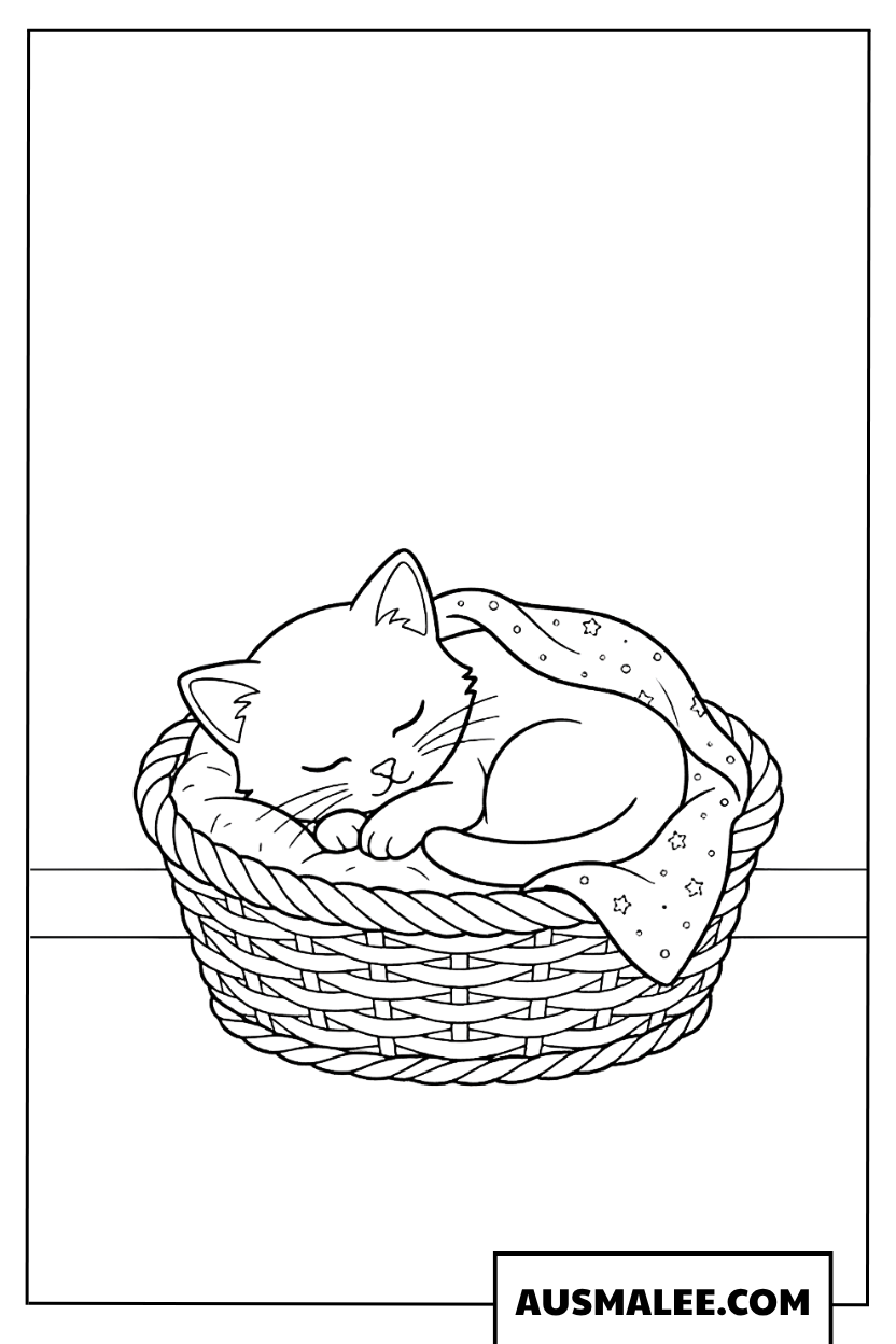 Coloriage Chaton qui dort dans un panier