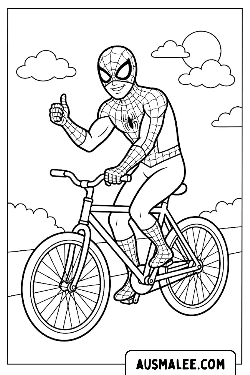 Spiderman riding a bike coloring page
