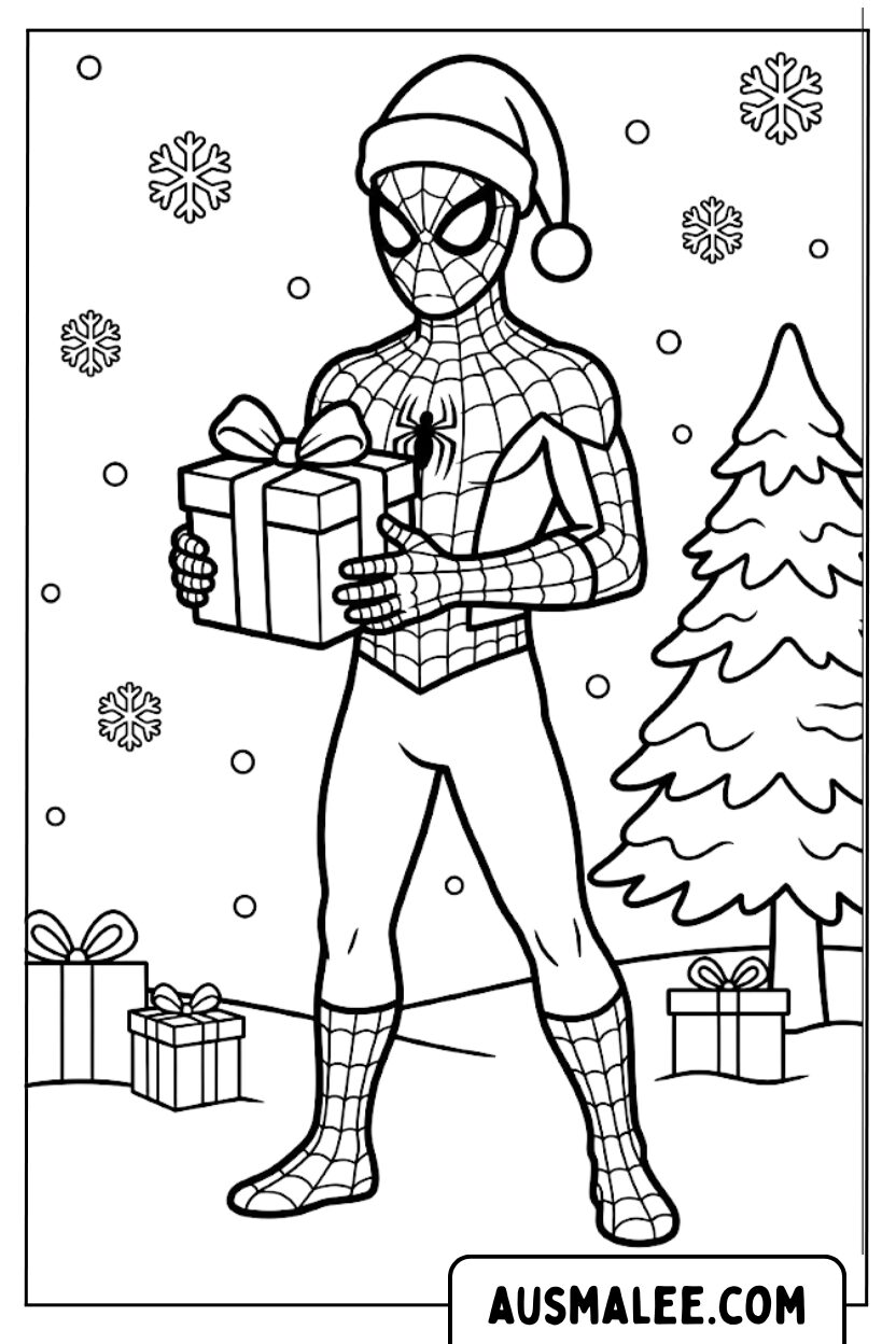 Coloring pages Spiderman Christmas present snow