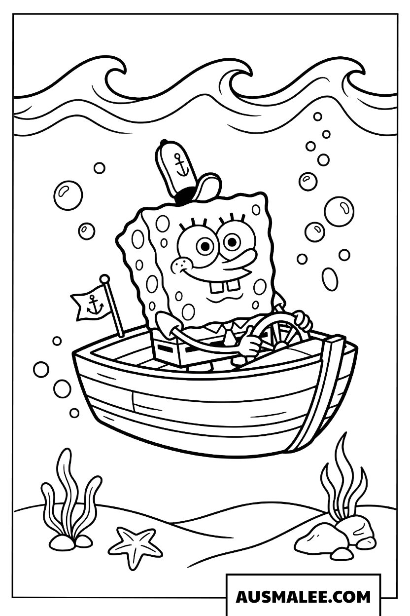 Kleurplaat SpongeBob op een boot